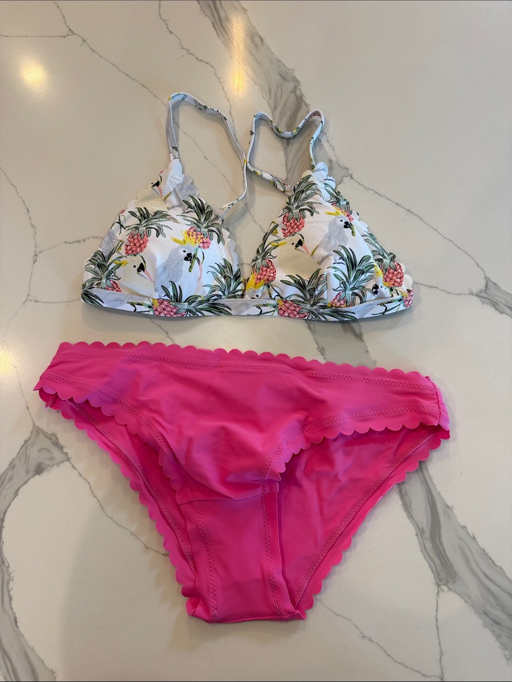 Tropical Pineapple Print Triangle Bikini Top & Bright Pink Scalloped Bottoms